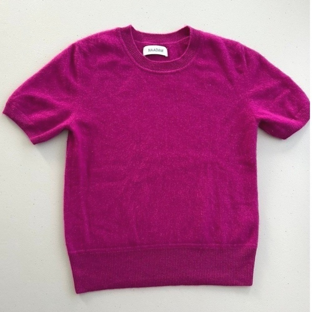 NAADAM Womens 100% Cashmere Short Sleeve Crew Neck Sweater Magenta Pink Small